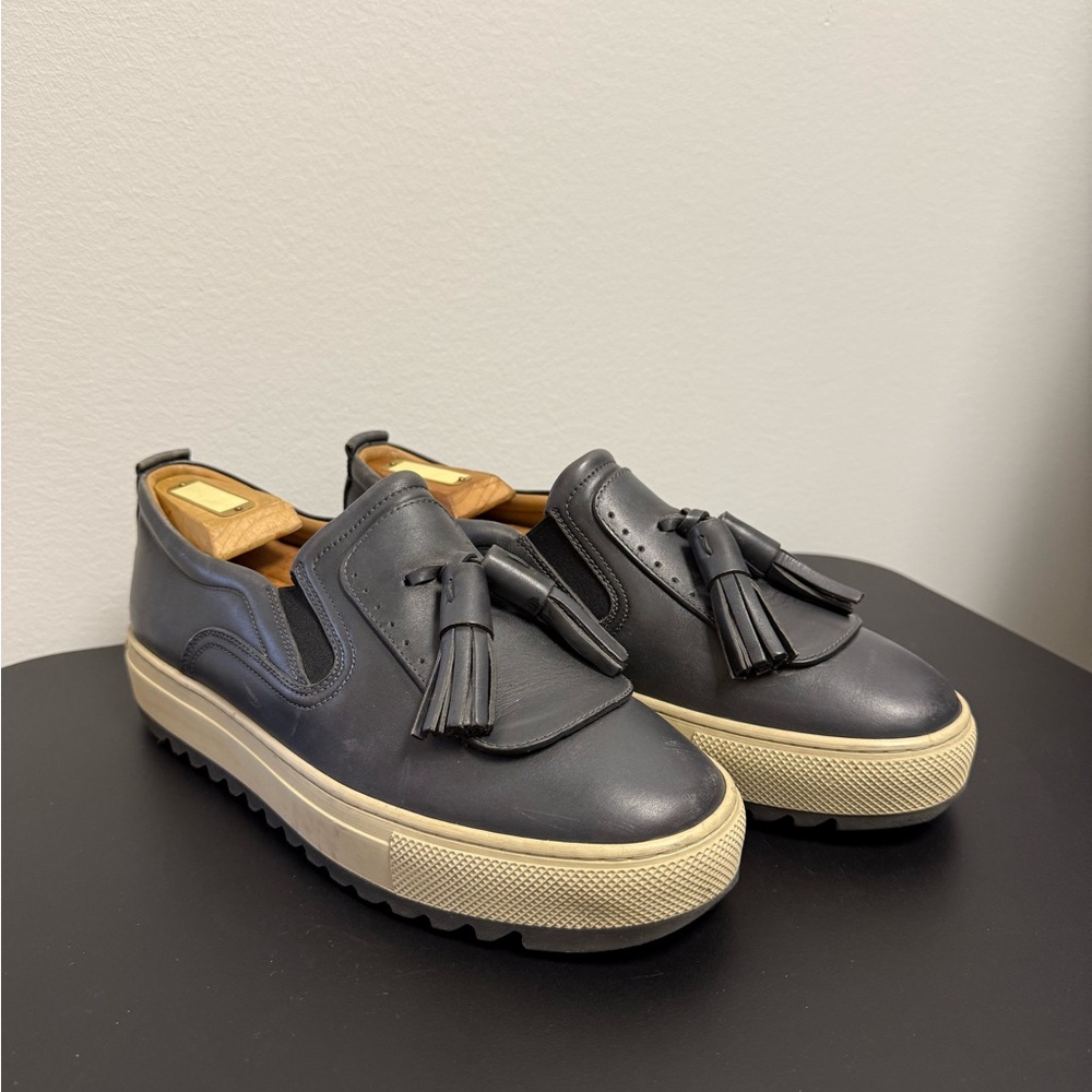 Salvatore Ferragamo Navy Leather Tassel Platform Slip-Ons with Cream Sole